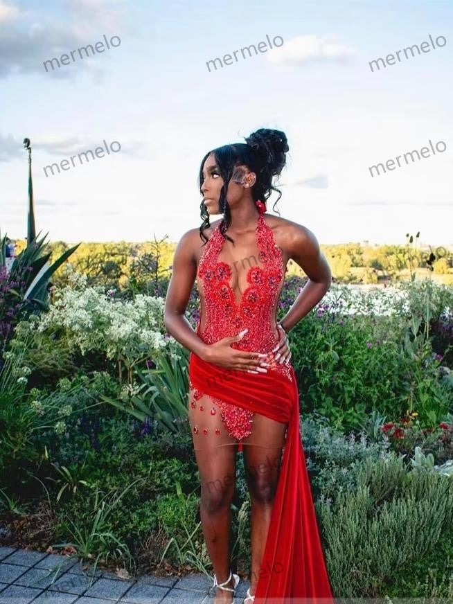 Red Velour Luxury Dresses Women Prom Dresses Beads Crystal For Black Girls Birthday Gown Mini Cocktail Dress Side Train