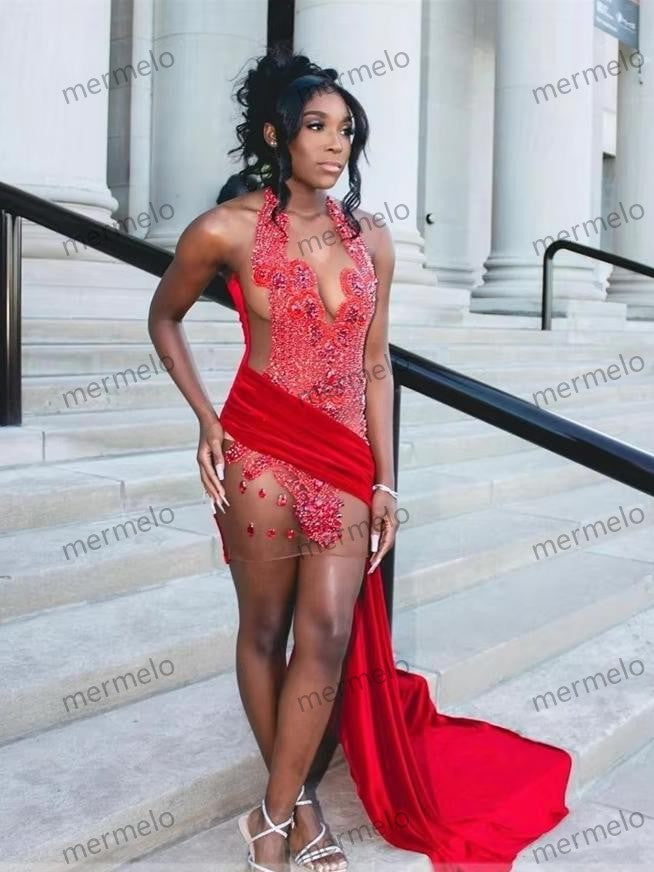 Red Velour Luxury Dresses Women Prom Dresses Beads Crystal For Black Girls Birthday Gown Mini Cocktail Dress Side Train