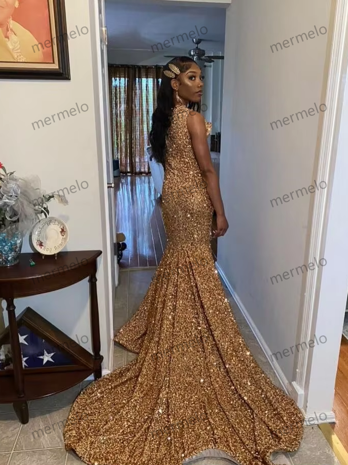 Sparkling Gold Long Mermaid Prom Gowns For Women Luxury Studded Diamante Sexy High Split Birthday Dresses