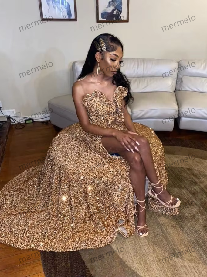 Sparkling Gold Long Mermaid Prom Gowns For Women Luxury Studded Diamante Sexy High Split Birthday Dresses
