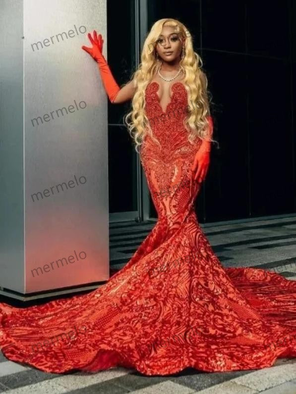 Sparkly Red Mermaid Long Prom Formal Party Dress for Black Girl Gillter Diamond Evening Birthday Dress Gala