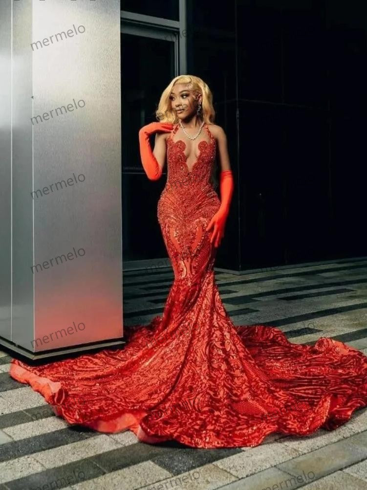 Sparkly Red Mermaid Long Prom Formal Party Dress for Black Girl Gillter Diamond Evening Birthday Dress Gala