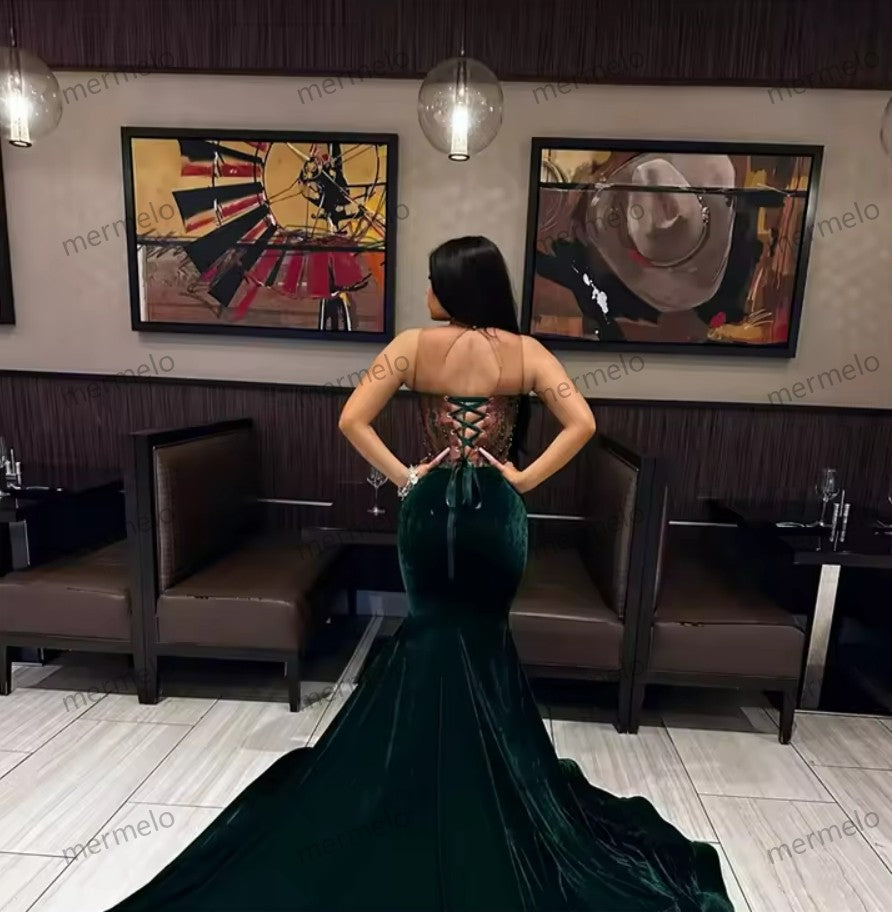 Velvet One Shoulder Evening Dresses For Black Girls Appliques Birthday Beaded Party Gowns Long Prom Dresses Mermaid Customized