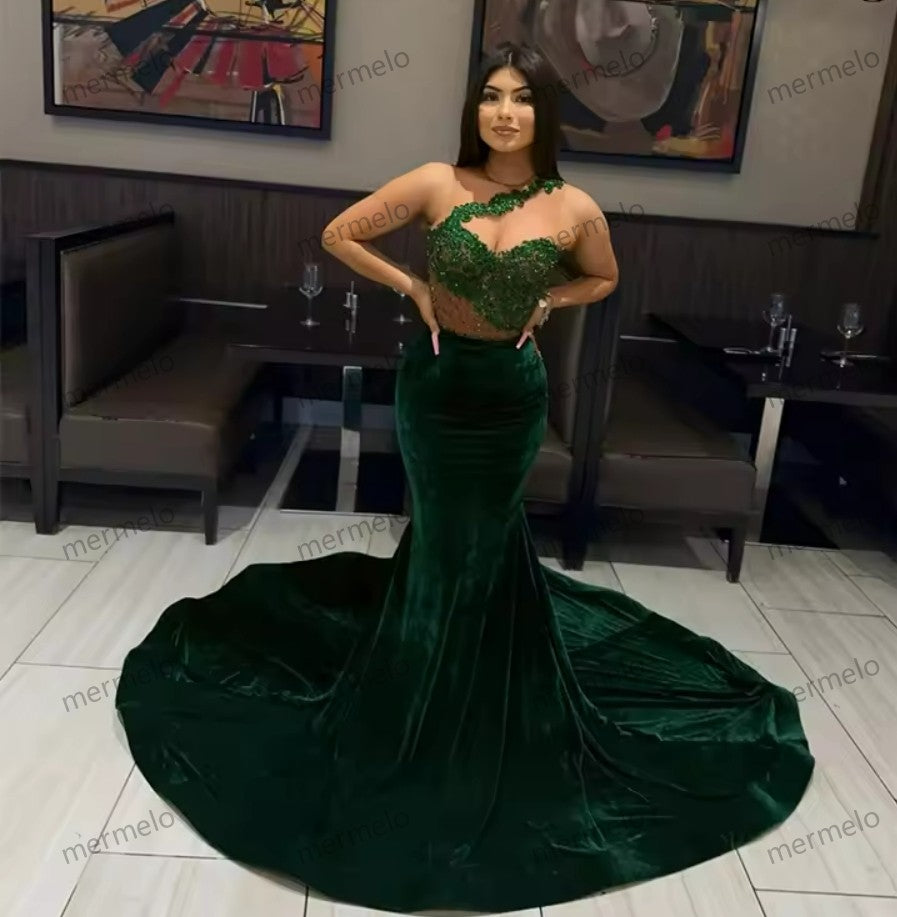 Velvet One Shoulder Evening Dresses For Black Girls Appliques Birthday Beaded Party Gowns Long Prom Dresses Mermaid Customized