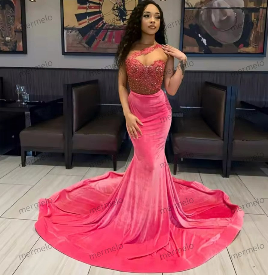 Velvet One Shoulder Evening Dresses For Black Girls Appliques Birthday Beaded Party Gowns Long Prom Dresses Mermaid Customized