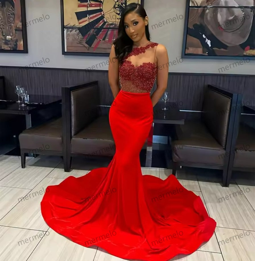 Velvet One Shoulder Evening Dresses For Black Girls Appliques Birthday Beaded Party Gowns Long Prom Dresses Mermaid Customized