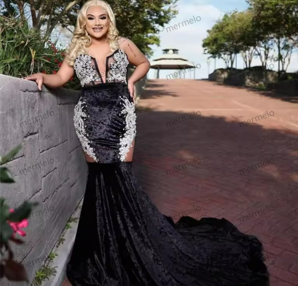 Luxury Black Mermaid Prom Dress Velvet Glitter Crystal Beads Rhinestones Wedding Party Evening Gown Robe Birthday Gown