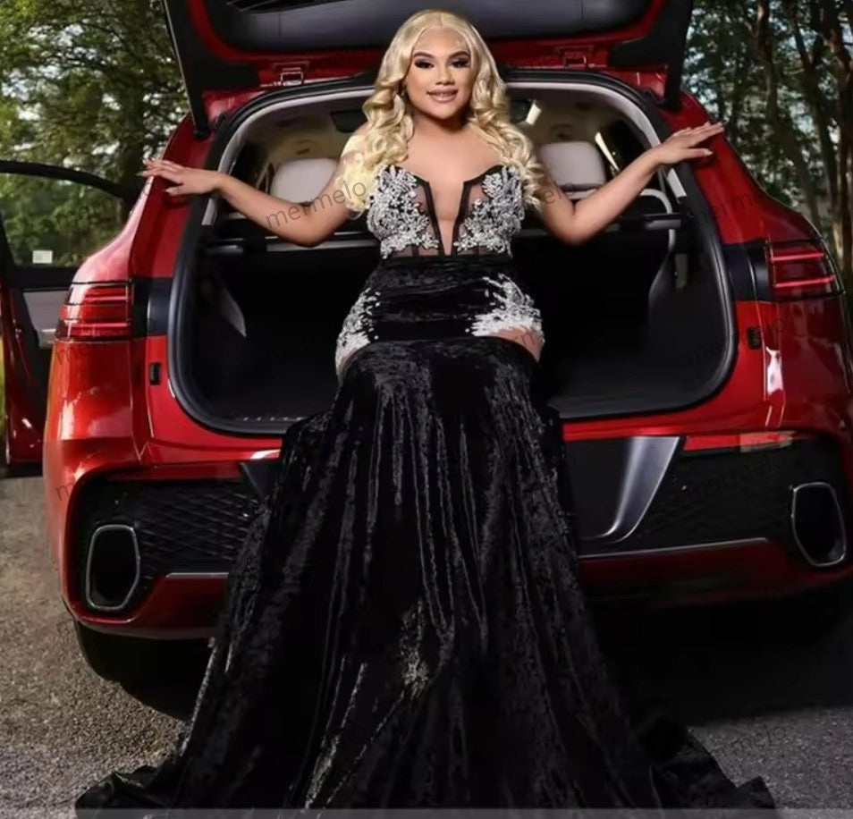 Luxury Black Mermaid Prom Dress Velvet Glitter Crystal Beads Rhinestones Wedding Party Evening Gown Robe Birthday Gown