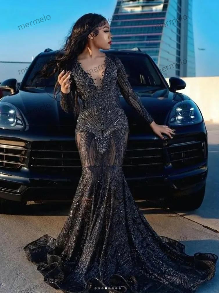Sparkly Black Long Prom Dress for Black Girl Diamond Glitter Beaded Evening Reception Formal Party Gala Gown