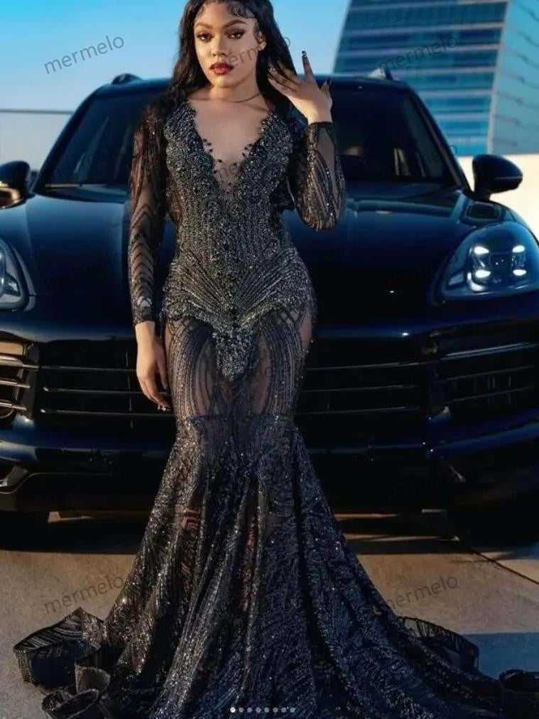 Sparkly Black Long Prom Dress for Black Girl Diamond Glitter Beaded Evening Reception Formal Party Gala Gown