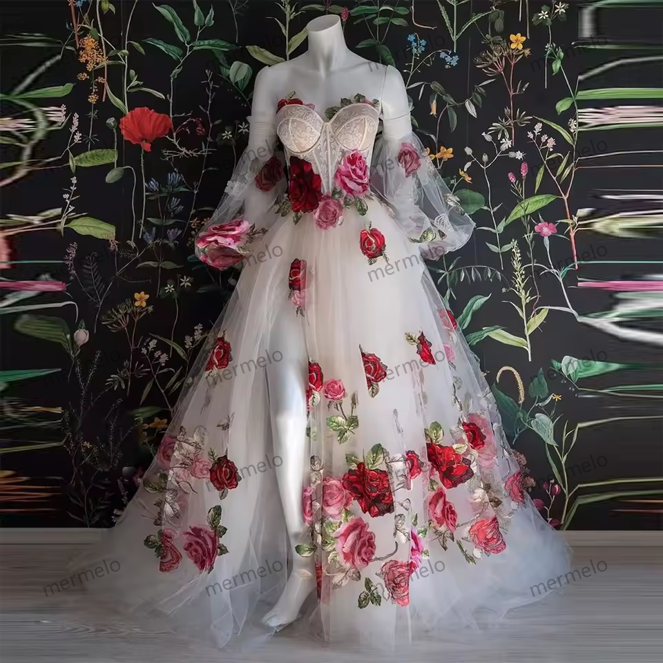 Floral Embroidery Lace Prom Dresses Sweetheart Puff Sleeves A-Line High Side Split Evening Gowns Formal Party Dress