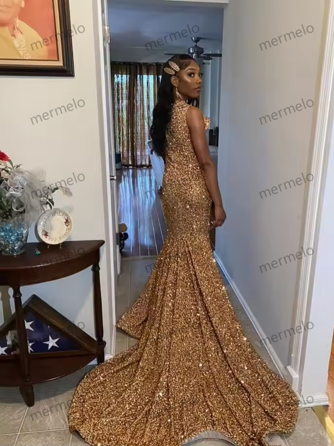 Sparkling Gold Long Mermaid Prom Gowns For Women Luxury Studded Diamante Sexy High Split Birthday Dresses Vestidos De Gala