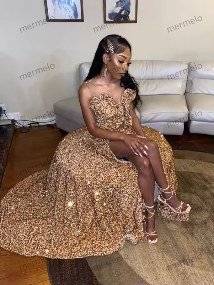 Sparkling Gold Long Mermaid Prom Gowns For Women Luxury Studded Diamante Sexy High Split Birthday Dresses Vestidos De Gala