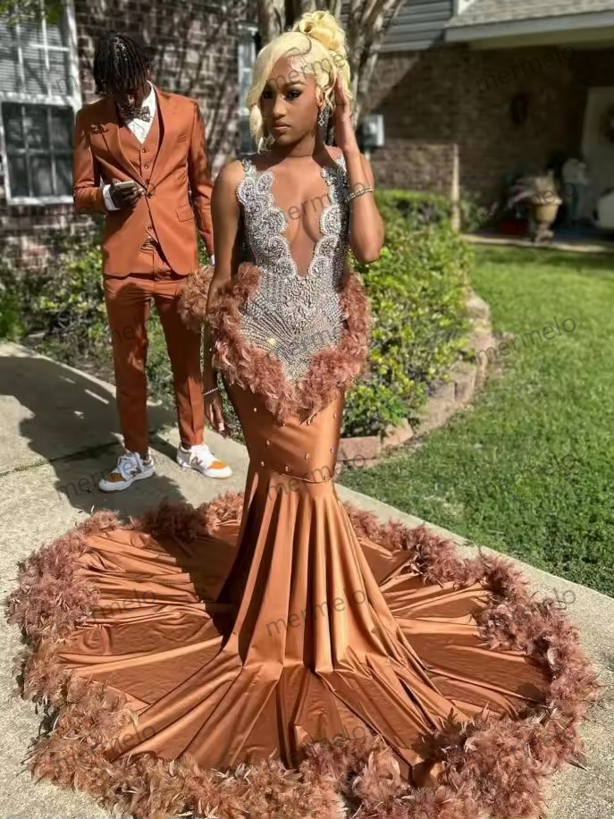 Brown Long Mermaid Evening Birthday Gala Dresses for Black Girl Luxury Diamond Crystal Feather Prom Ceremony Party Dress