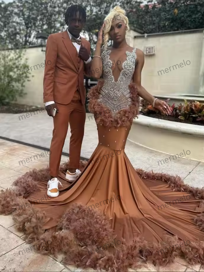 Brown Long Mermaid Evening Birthday Gala Dresses for Black Girl Luxury Diamond Crystal Feather Prom Ceremony Party Dress