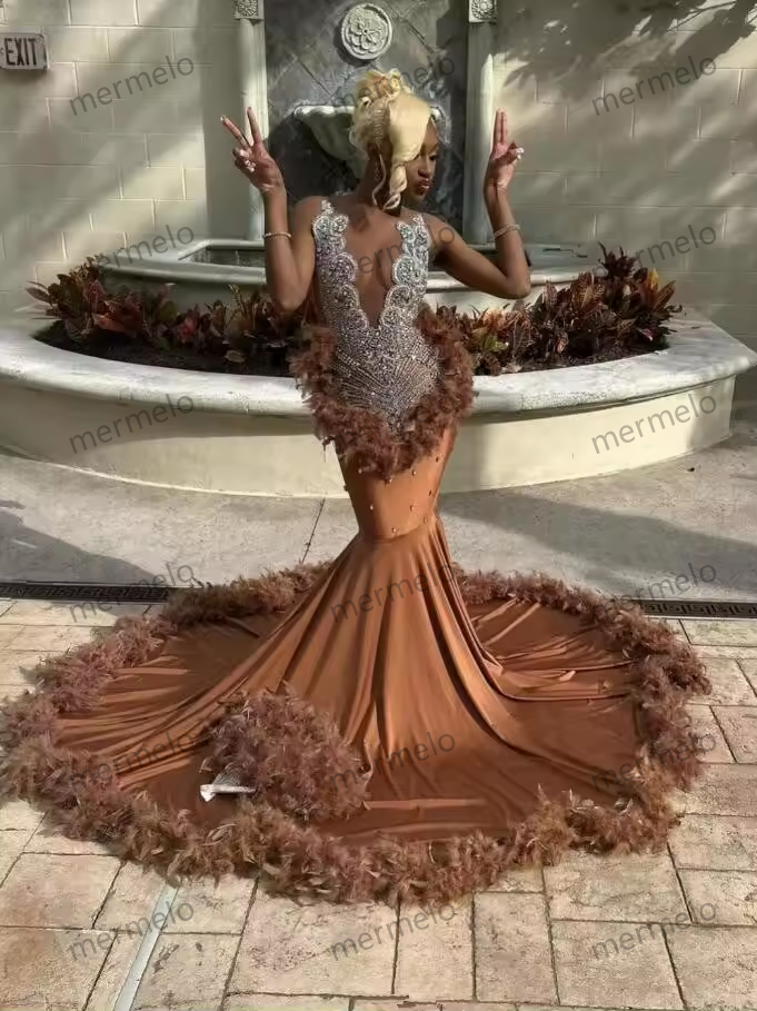 Brown Long Mermaid Evening Birthday Gala Dresses for Black Girl Luxury Diamond Crystal Feather Prom Ceremony Party Dress