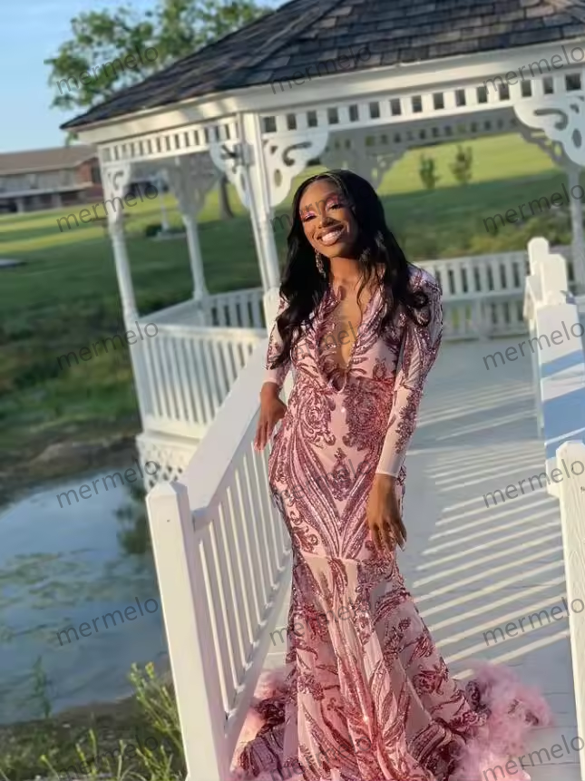 Sparkly Pink Mermaid Prom Party Dresses Long Sleeve Applique Feather Black Girl Birthday Queen Gown