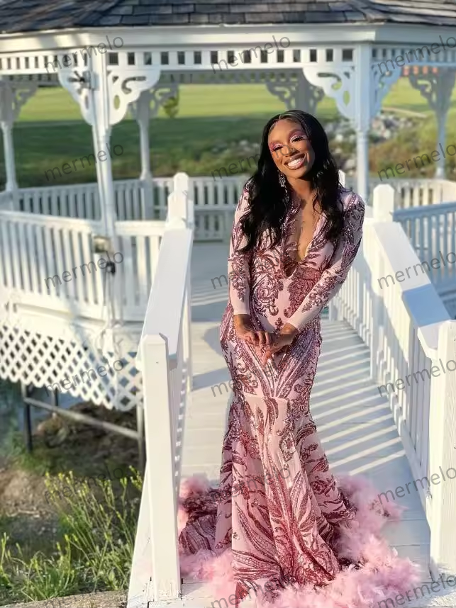 Sparkly Pink Mermaid Prom Party Dresses Long Sleeve Applique Feather Black Girl Birthday Queen Gown