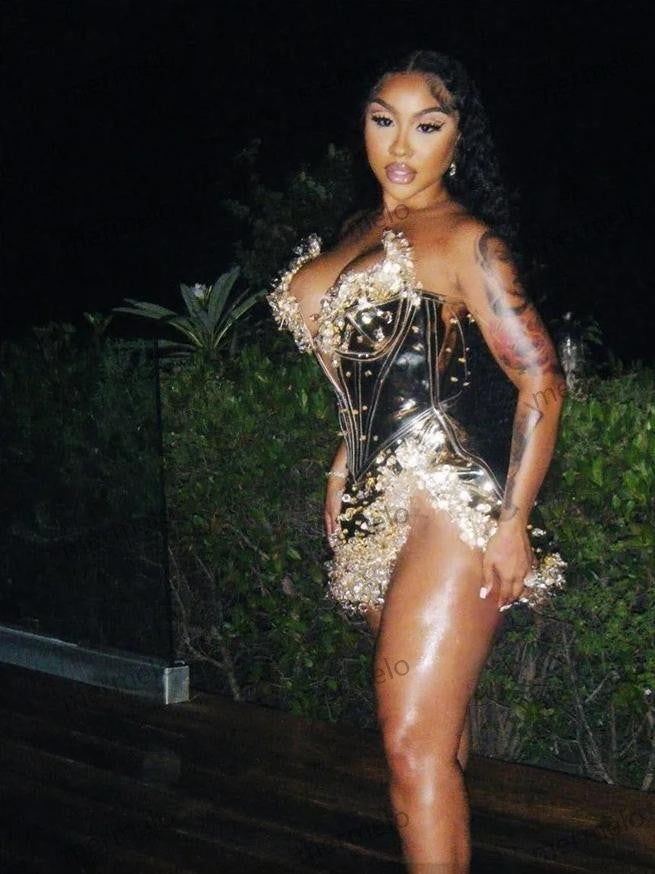 Sparkly Gold Leather Short Prom Bead Crystal Rhinestones Cocktail Dress Vestidos De Festa Leather Birthday Dress Customized