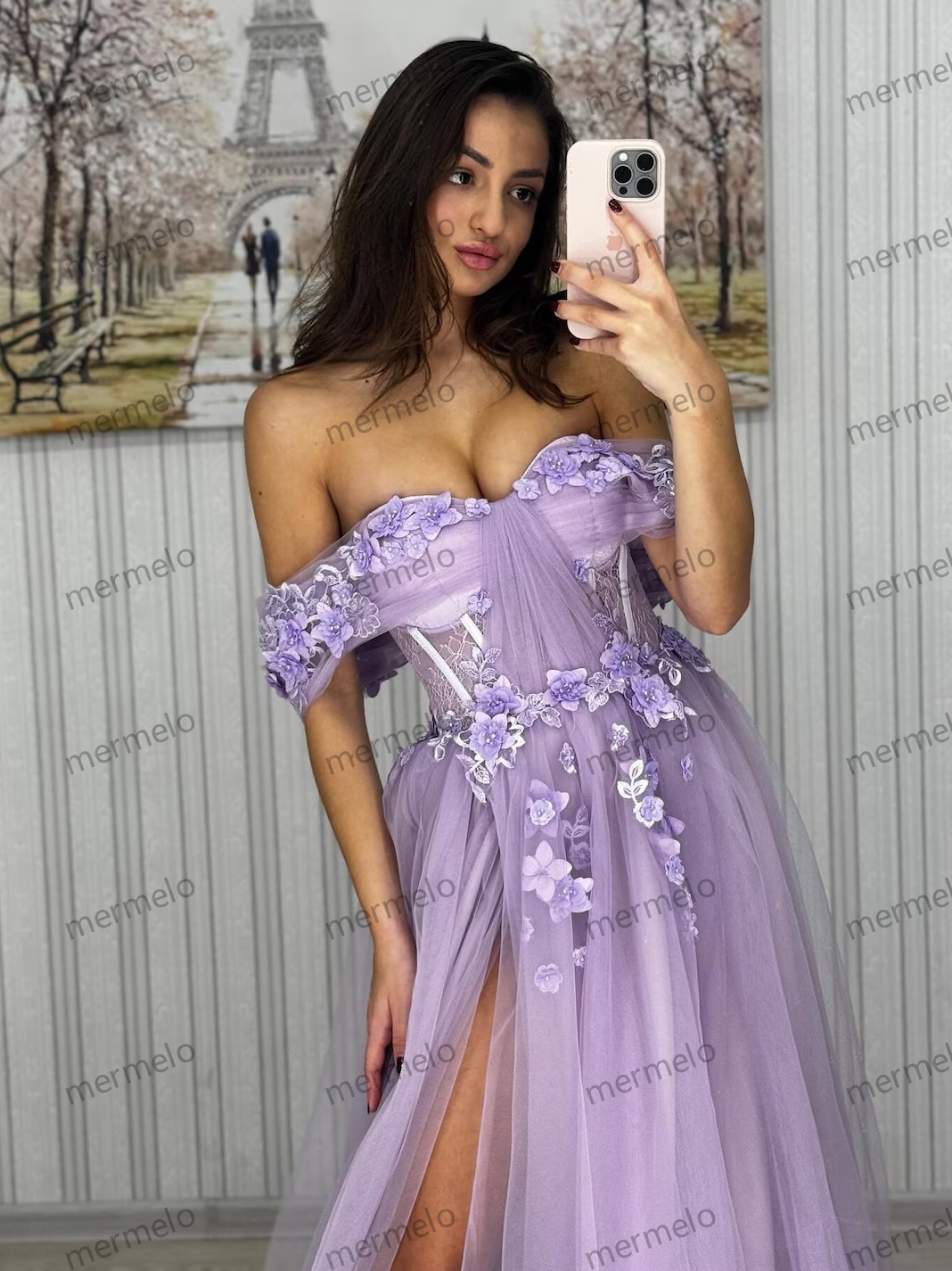 Lavender Off-Shoulder Evening Gown with Floral Appliqué and Thigh-High Slit, Elegant Tulle A-Line Prom Dress, bridesmaid or graduation dress