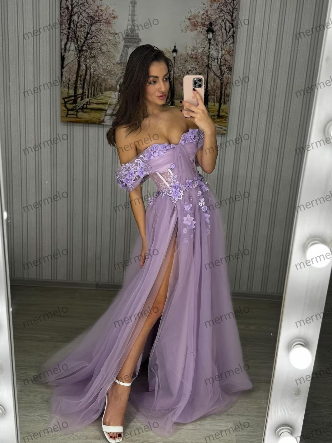 Lavender Off-Shoulder Evening Gown with Floral Appliqué and Thigh-High Slit, Elegant Tulle A-Line Prom Dress, bridesmaid or graduation dress