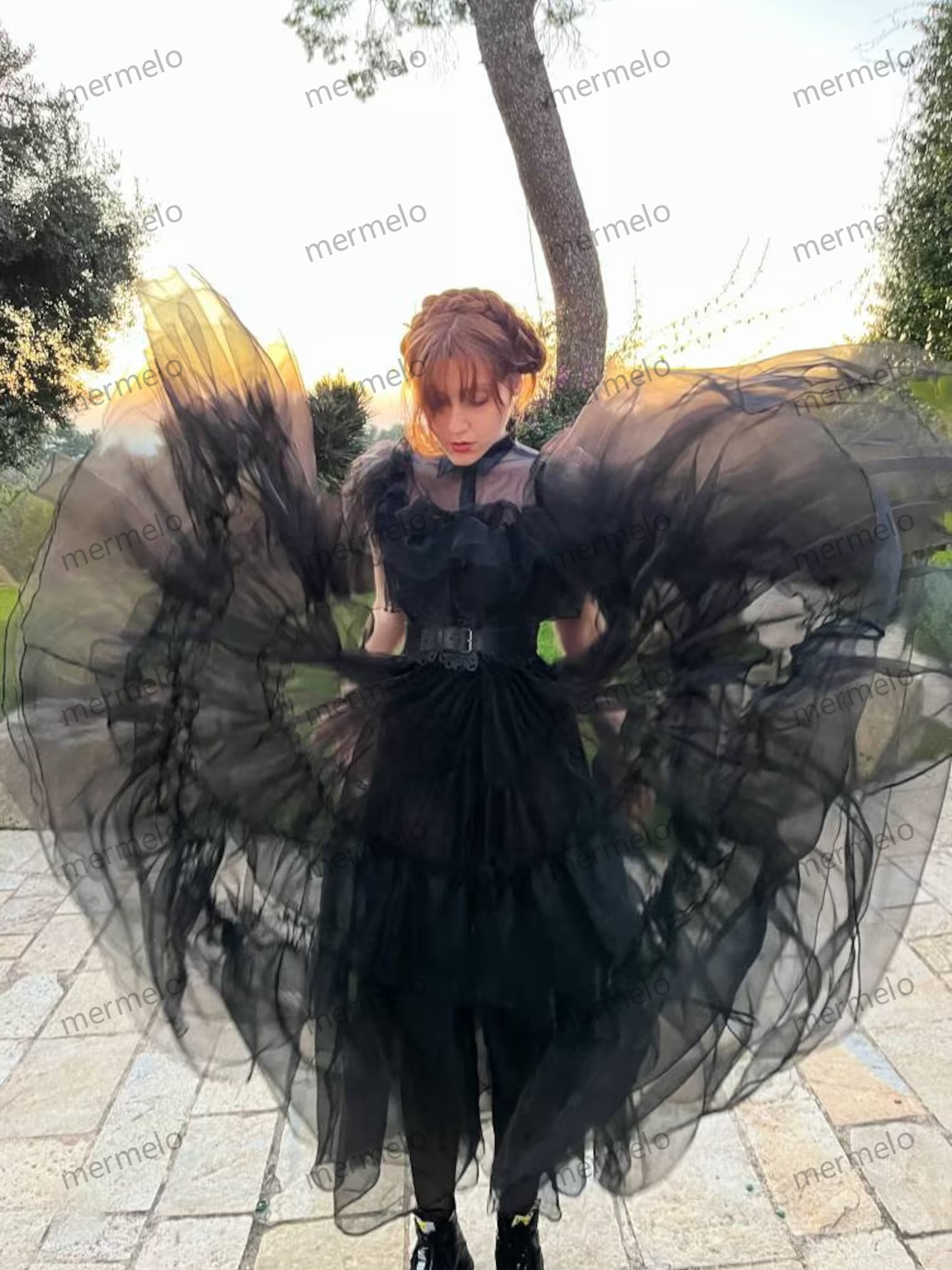 Elegant black organza dress with ruffles, gothic prom dress, leather handmade belt, dark princess dress, wednesday inspired dress