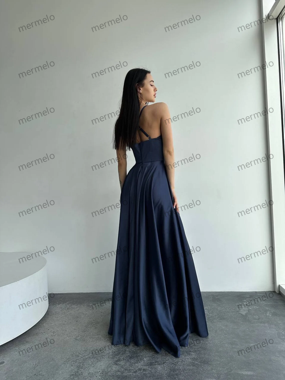 Satin Navy Blue Dress, Dark Blue Slit Dress, Navy Blue Prom Dress, Navy Blue Evening Dress, Dark Blue Maxi Dress, Dark Blue Dress With Strap