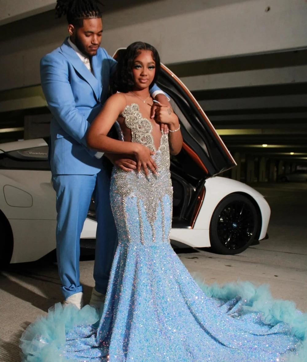Customized Sexy Sky Blue Sequins Mermaid Prom Dress For Black Girls Crystal Beaded Formal Party Evening Gown