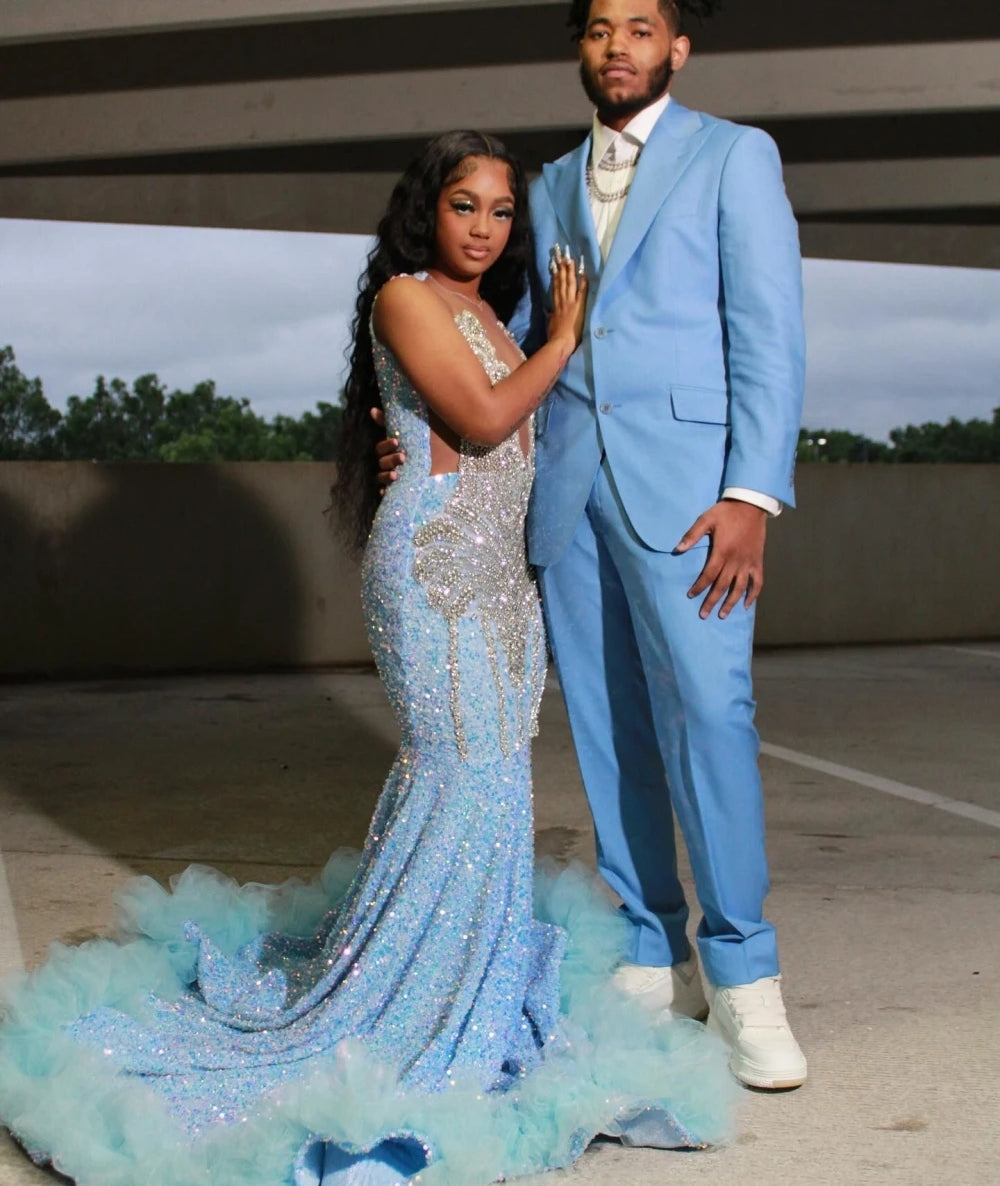 Customized Sexy Sky Blue Sequins Mermaid Prom Dress For Black Girls Crystal Beaded Formal Party Evening Gown