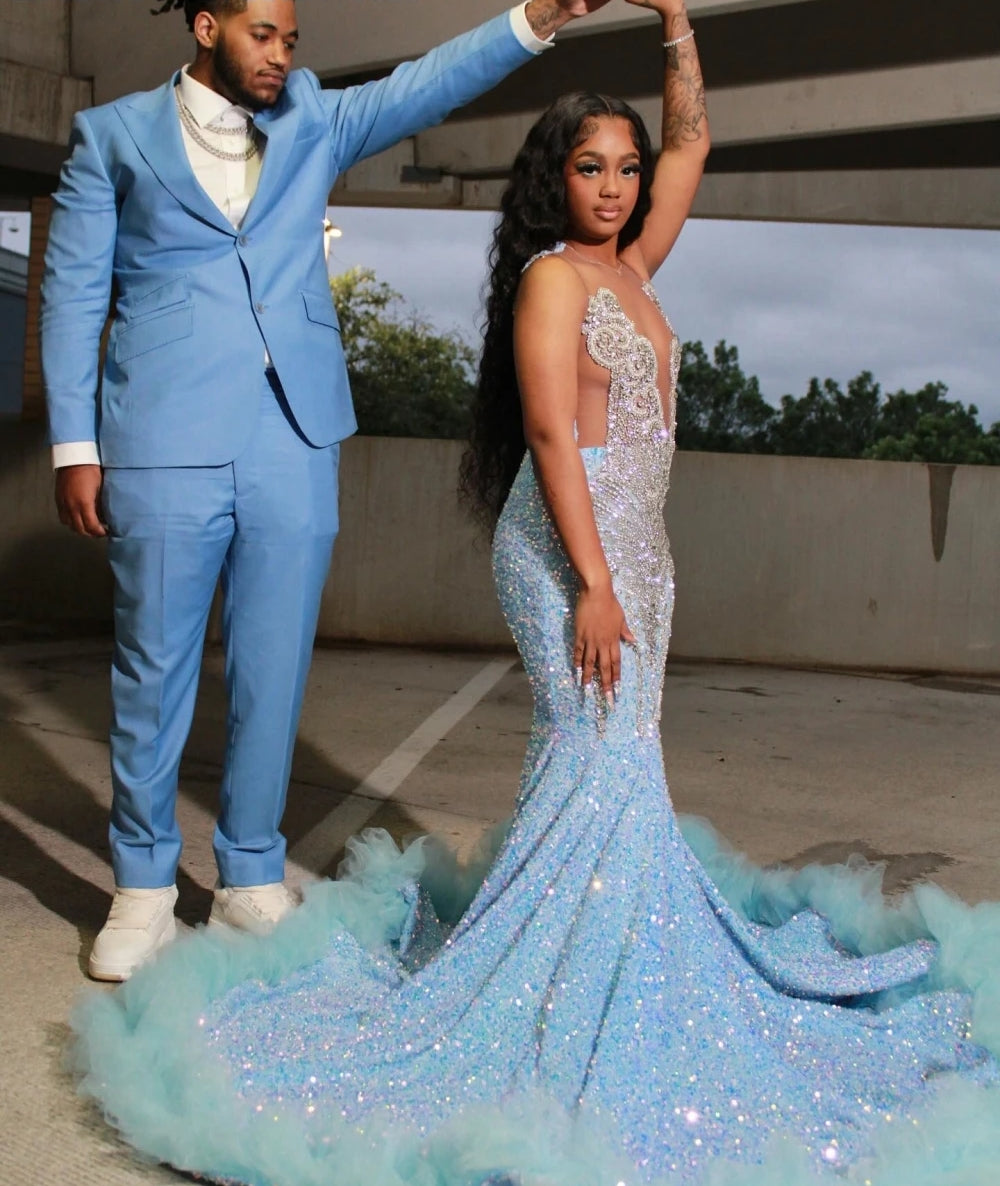Customized Sexy Sky Blue Sequins Mermaid Prom Dress For Black Girls Crystal Beaded Formal Party Evening Gown