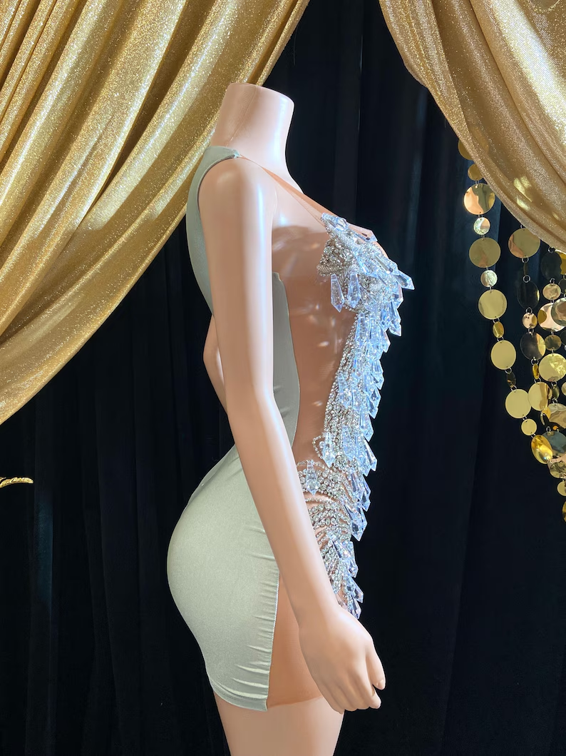 Silver Rhinestone Birthday Party Dress Hand Crafted Haute Couture Appliqué Crystal Embellished Bodice Handmade Special Occasions
