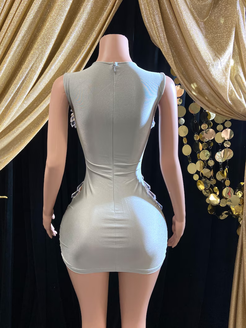 Silver Rhinestone Birthday Party Dress Hand Crafted Haute Couture Appliqué Crystal Embellished Bodice Handmade Special Occasions