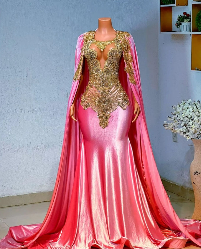 African prom dress, unique prom dress, luxury mermaid prom dress and cape, velvet evening gown, birthday photoshoot gown, dinner party gown