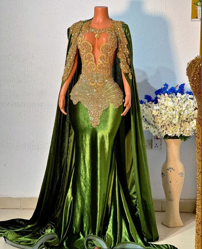 African prom dress, unique prom dress, luxury mermaid prom dress and cape, velvet evening gown, birthday photoshoot gown, dinner party gown