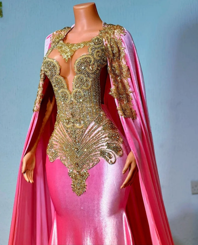 African prom dress, unique prom dress, luxury mermaid prom dress and cape, velvet evening gown, birthday photoshoot gown, dinner party gown
