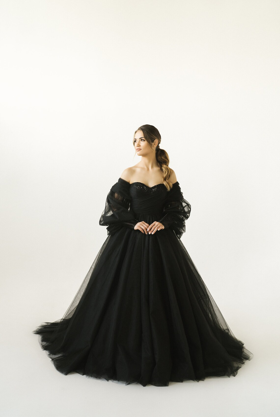 Black Wedding Dress,Off Shoulder Corset Dress, BLack Bridal Gown, Elegant Evevning Dress, Engagement Wedding Dress, Eloping Bridal Gown