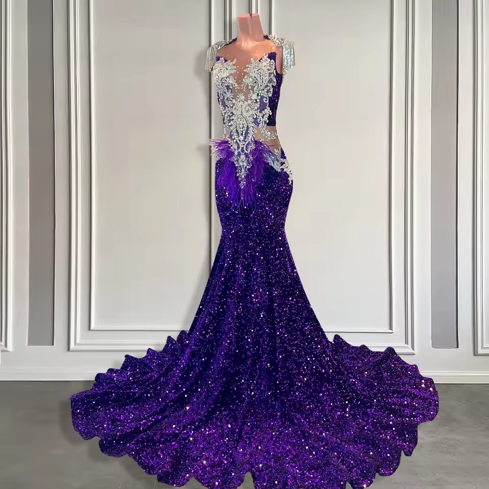 Long Purple Sequin Prom Dresses for Black Girls Cut Out Luxury Beaded Crystal Feather Mermaid Prom Gala Gowns Customized