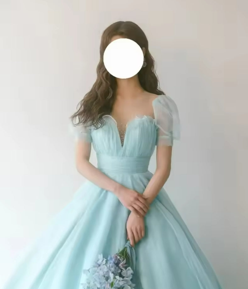 Fairy Tulle A Line Korea Evening Dresses Wedding Photo shoot Puff Short Sleeves Princess Party Bride Gowns Customized