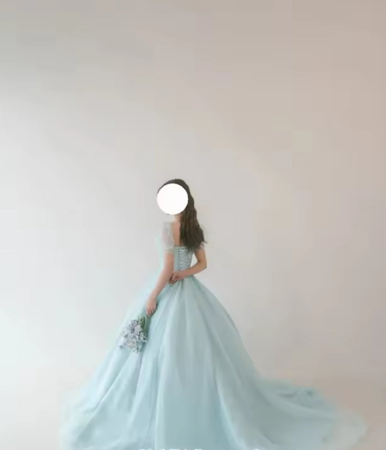 Fairy Tulle A Line Korea Evening Dresses Wedding Photo shoot Puff Short Sleeves Princess Party Bride Gowns Customized