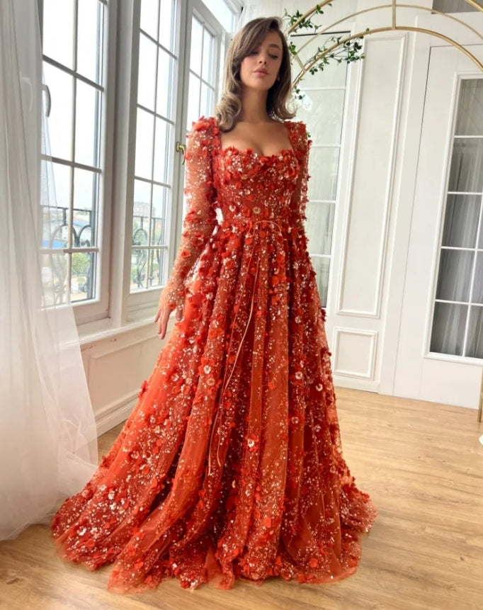 Customize Red 3D Flowers Lace robes de soirée Long Sleeves Backless Strapless Prom Dresses Floor-Length Wedding Dress