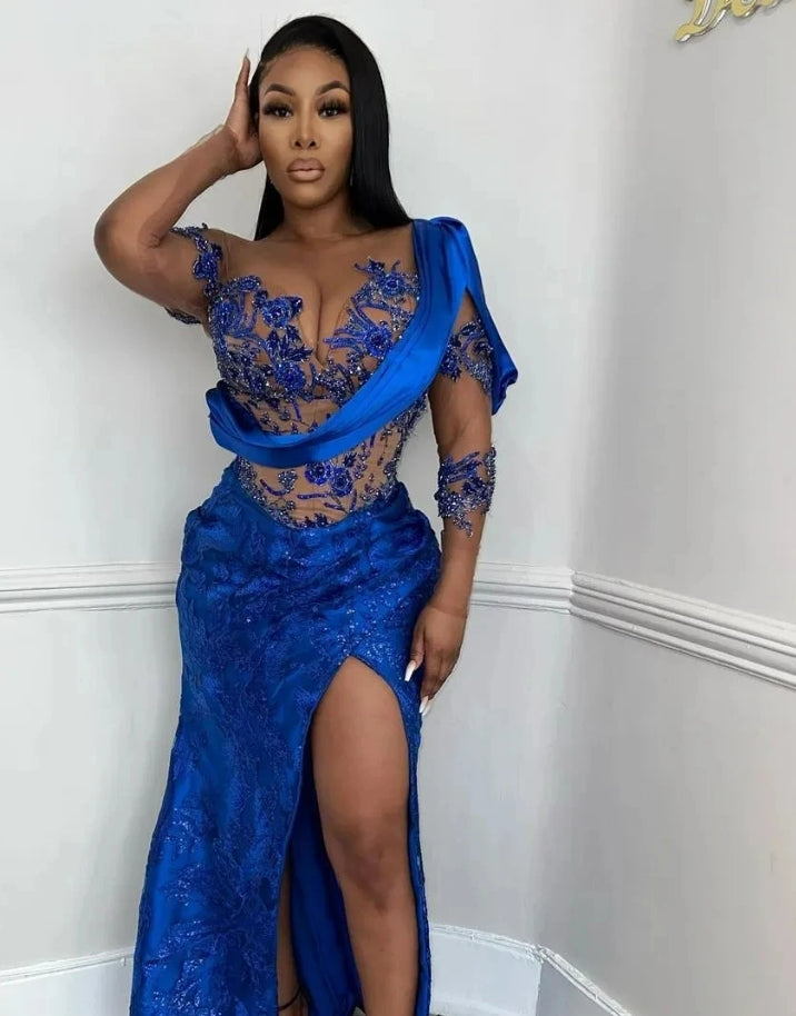 Royal Blue Aso Ebi African Evening Dresses Mermaid One-shoulder Lace Slit Long Dubai Saudi Arabic Black Girls Evening Gown Prom
