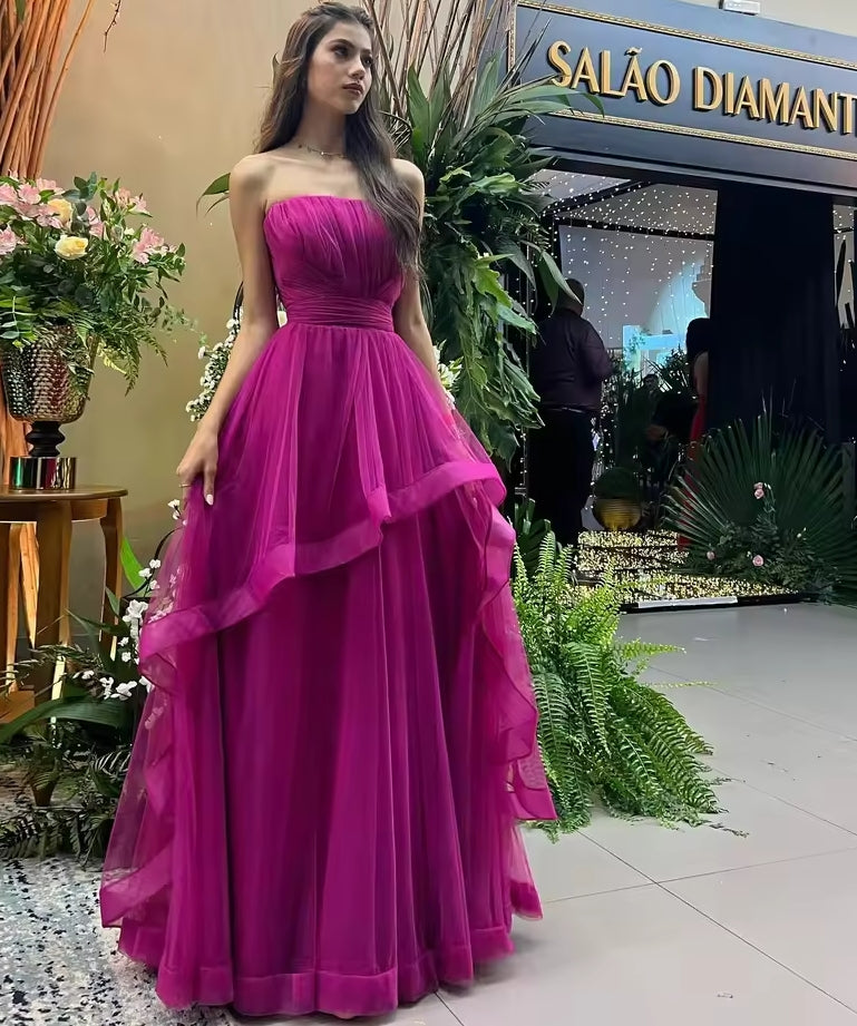 A Line Tulle Fuchsia Prom Dresses Strapless Ruffles Women Evening Party Gowns Customized Pleat Formal Bridesmaid Wear
