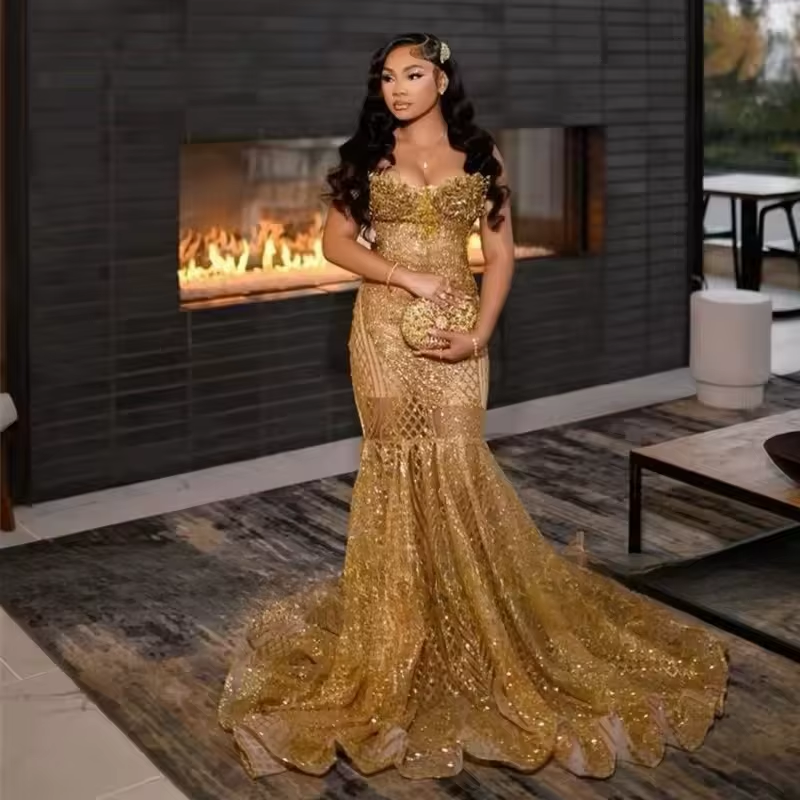 green emerald velvet dress Shinny Gold Prom Dresses Black Girl 2025 Sequin Beading Christmas Part –  mermelo