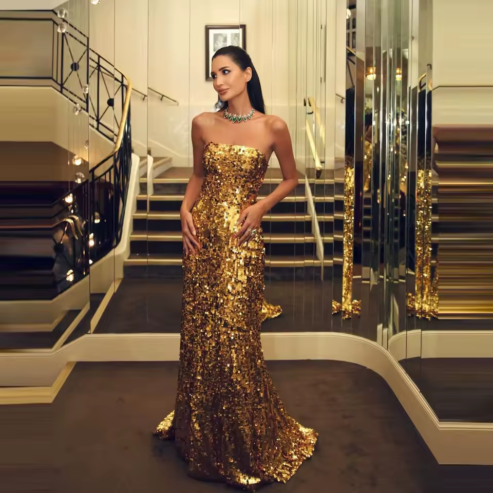 Sparkling Gold Sequin Evening Dresses Strapless With Train Mermaid Prom Dressing Gowns For Wedding Guest Long Party Dress