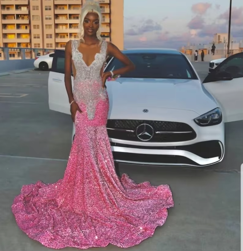Pink Women Beaded Long Black Girls Prom Dresses Sheer Luxury Diamond Mermaid Sequins Prom Gowns Evening Gala Party Customized