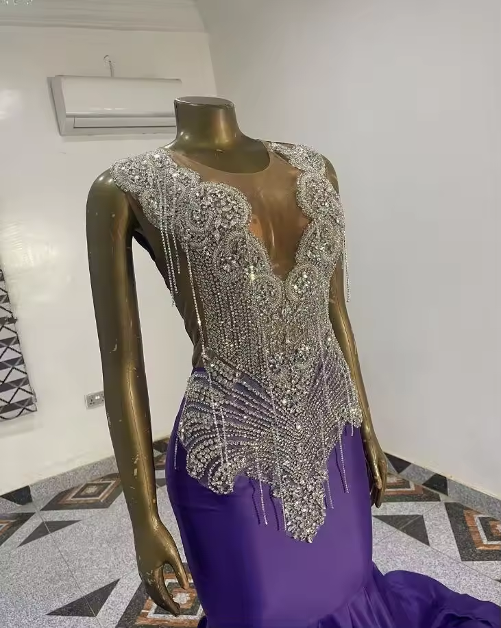 Lavender Purple Black Girl Prom Dress for Women Silver Diamond Crystal Sheer Mesh Evening Birthday Reception Gown customsized