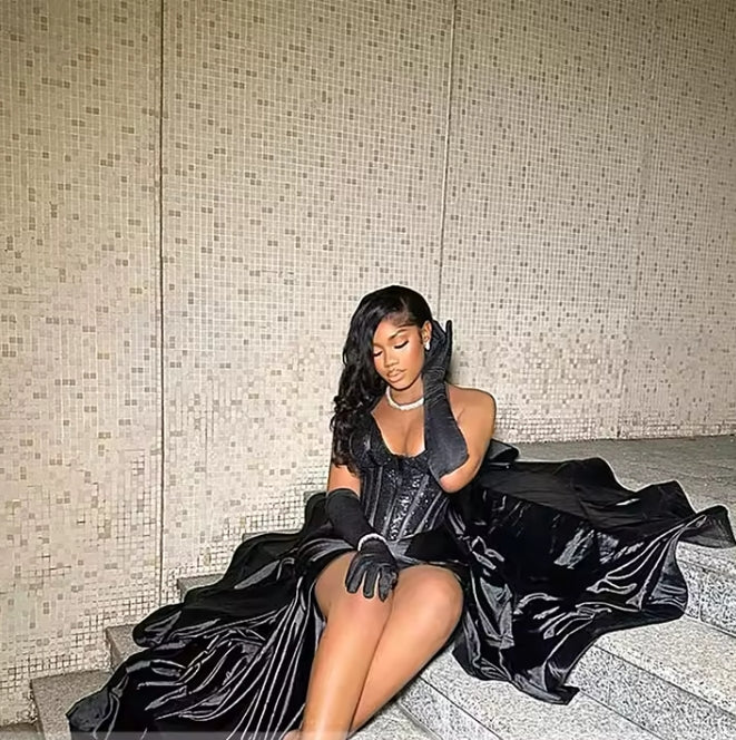 Black Halter High Split Aso Ebi Evening Dresses Beaded Fish Bone Corset With Gloves Mermaid Prom Dress Customized