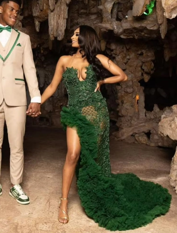 Customized Emerald Green Mermaid Prom Dress For Black Girls Sequin Rhinestone Beaded High Slit Ruffles Party Gala Gowns