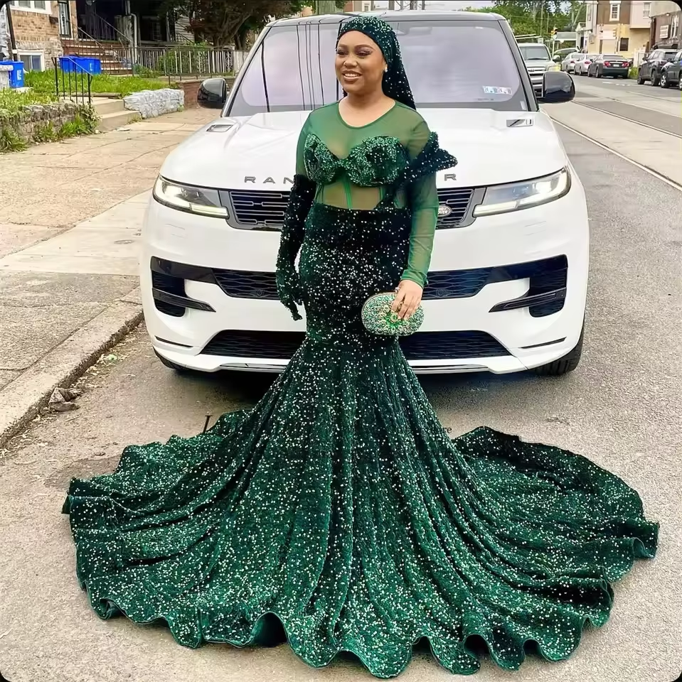 Customized Green Sequin Mermaid Prom Dresses 2025 Glitter Long Evening Party Gala Gown Black Girl Birthday Robes de soirée