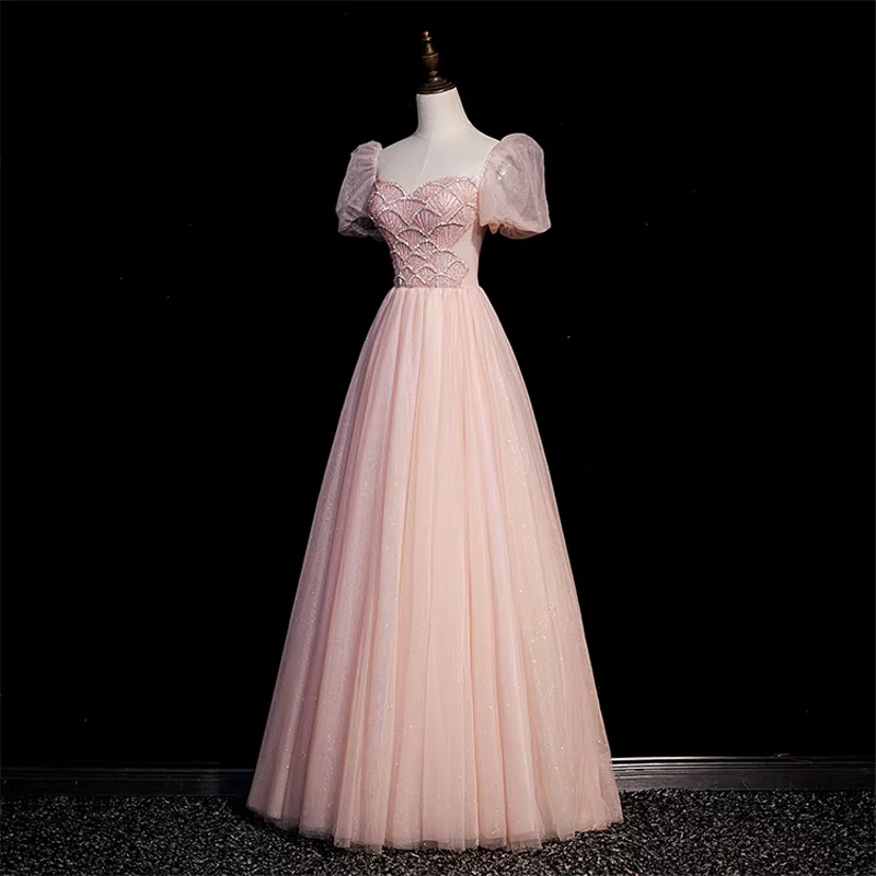 Customized Evening Dress Pink Beads Handmade Square Collar Short Sleeves Floor Length A-Line Plus Size Women party Formal Gown